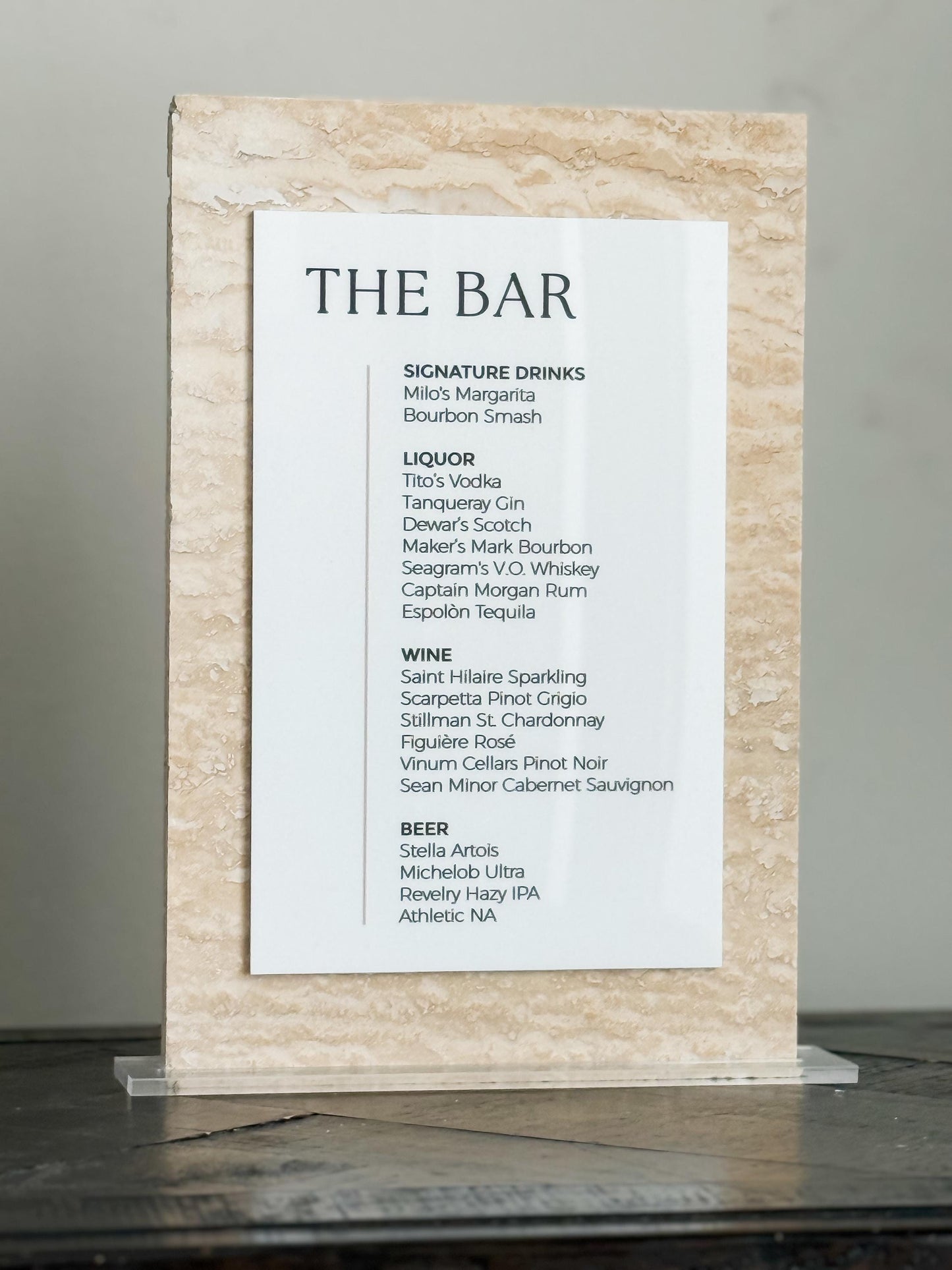 Travertine Stone Bar Menu Sign