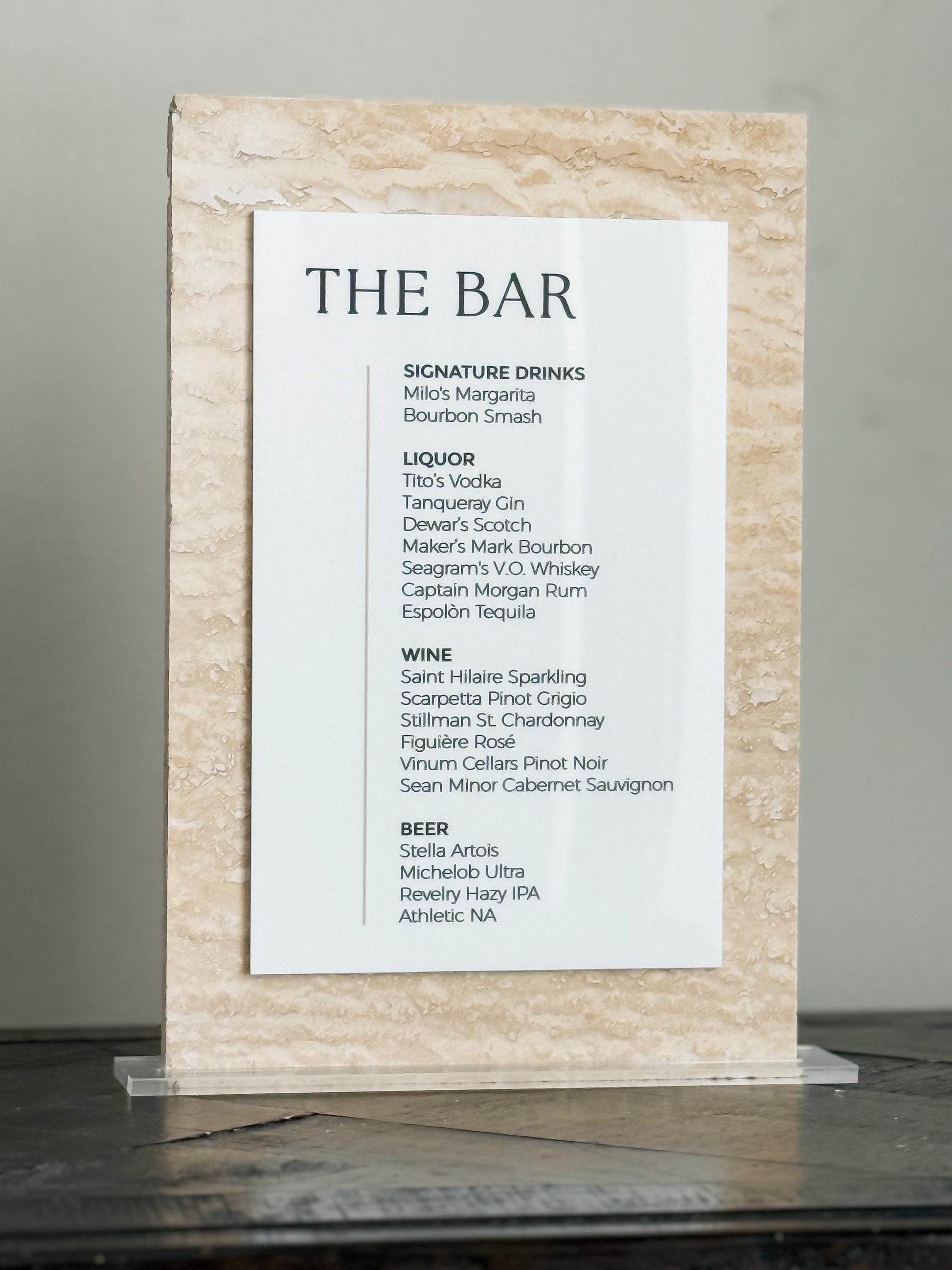 Travertine Stone Bar Menu Sign