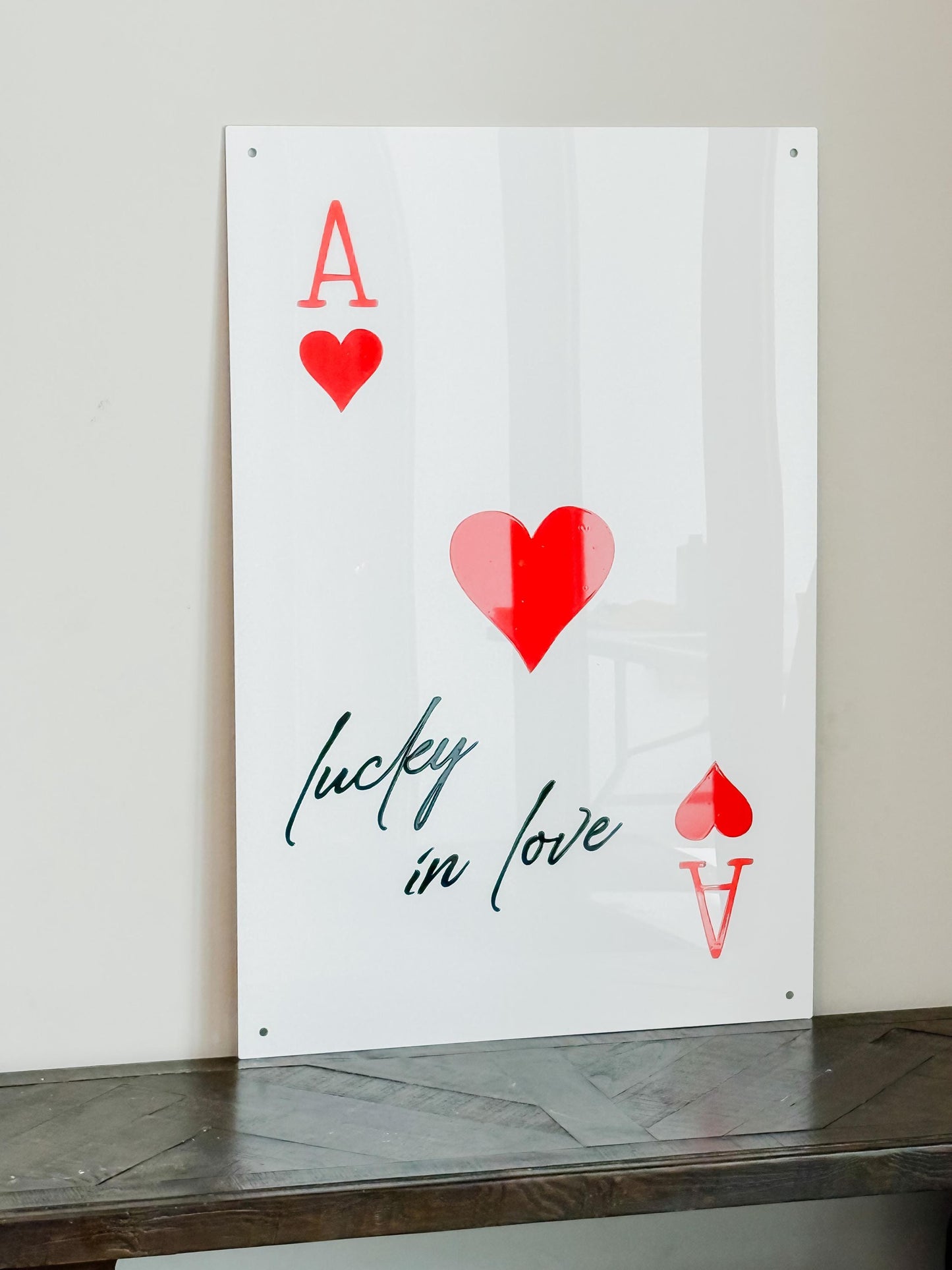 Luxury Acrylic “Lucky in Love” Sign – 35x24” Modern Ace of Hearts Wall Art | Premium Romantic Decor by Luxe Lines Designs