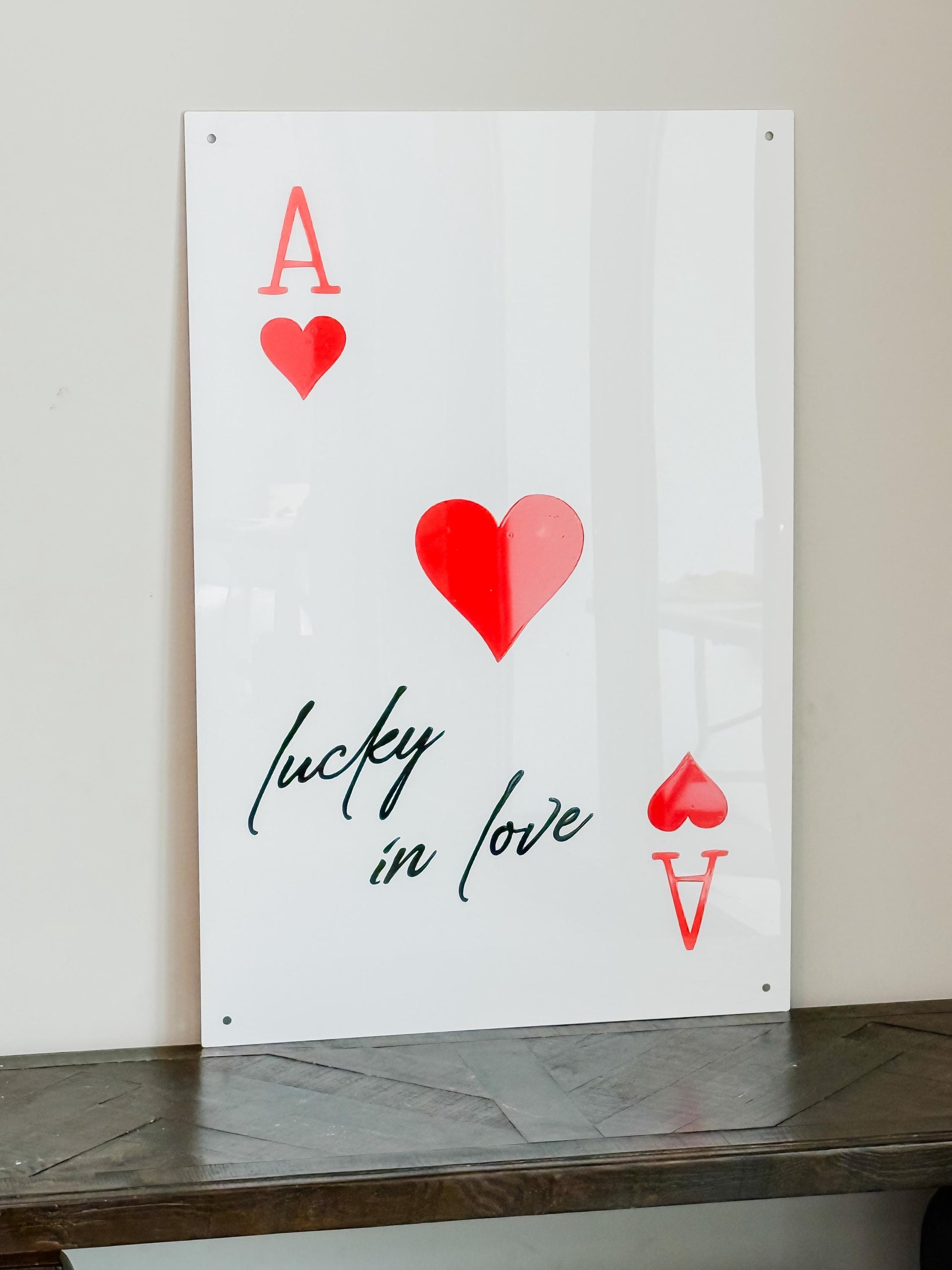 Luxury Acrylic “Lucky in Love” Sign – 35x24” Modern Ace of Hearts Wall Art | Premium Romantic Decor by Luxe Lines Designs