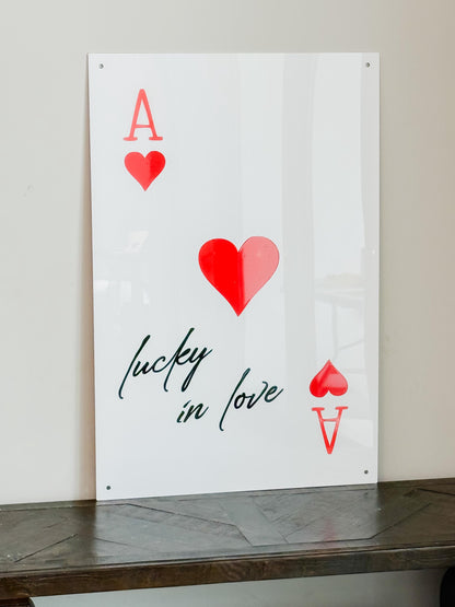 Luxury Acrylic “Lucky in Love” Sign – 35x24” Modern Ace of Hearts Wall Art | Premium Romantic Decor by Luxe Lines Designs