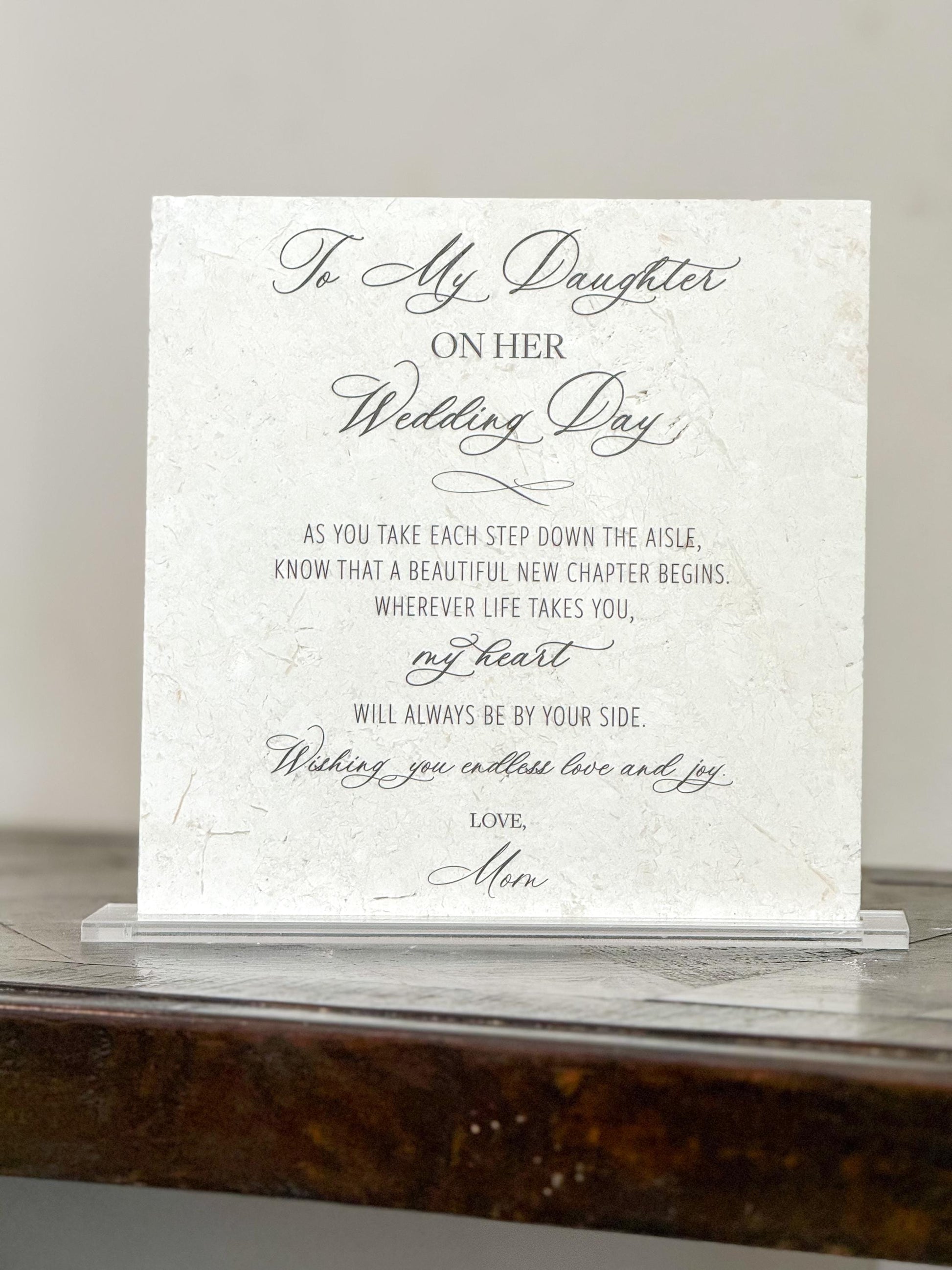 To My Daughter on Her Wedding Day Marble Sign – 8x8 Gift from Mom with Acrylic Stand | Elegant Wedding Keepsake by Luxe Lines Designs