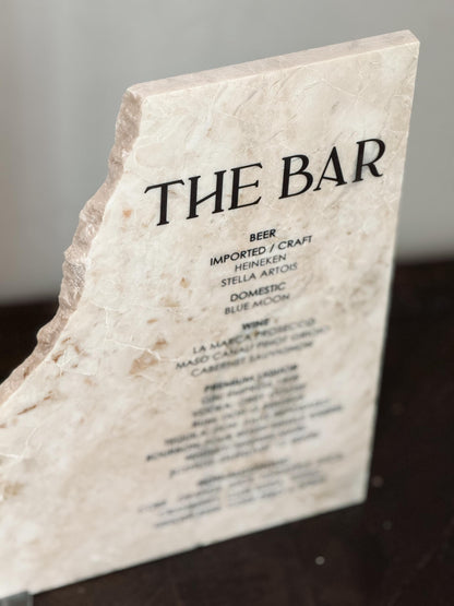 Luxury Marble Stone Bar Sign – Natural Edge Menu Sign | Wedding Bar Menu | Custom UV Print Drink | Real Marble Stone Decor by Luxe Lines