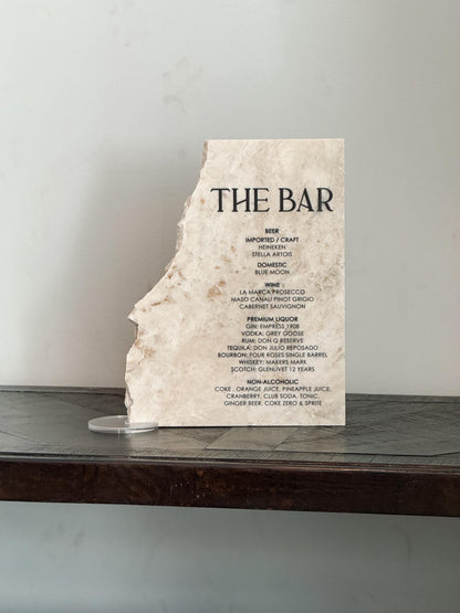 Luxury Marble Stone Bar Sign – Natural Edge Menu Sign | Wedding Bar Menu | Custom UV Print Drink | Real Marble Stone Decor by Luxe Lines