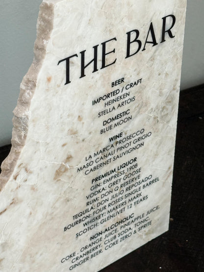 Luxury Marble Stone Bar Sign – Natural Edge Menu Sign | Wedding Bar Menu | Custom UV Print Drink | Real Marble Stone Decor by Luxe Lines