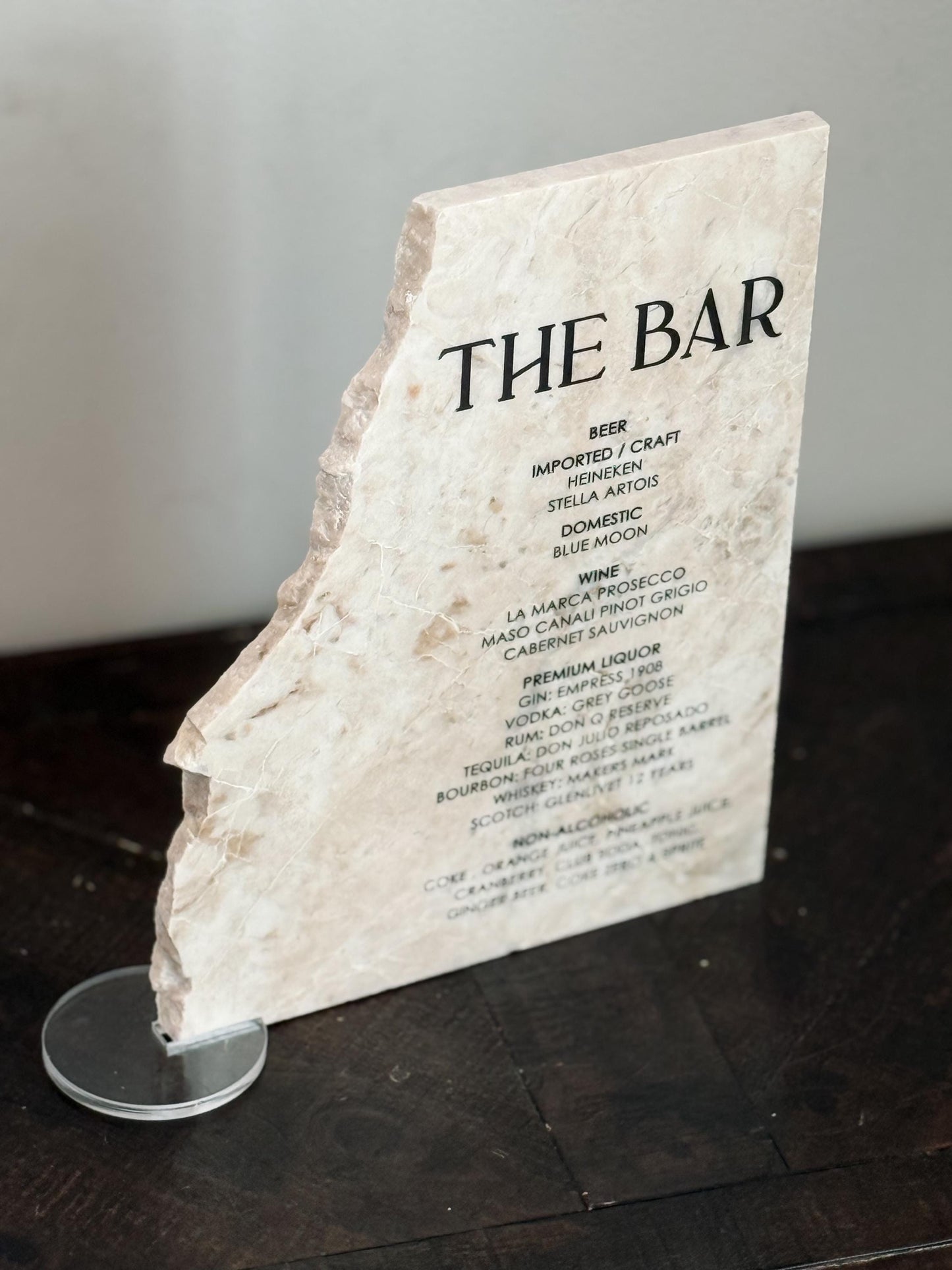 Luxury Marble Stone Bar Sign – Natural Edge Menu Sign | Wedding Bar Menu | Custom UV Print Drink | Real Marble Stone Decor by Luxe Lines