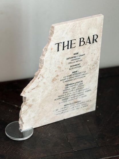Luxury Marble Stone Bar Sign – Natural Edge Menu Sign | Wedding Bar Menu | Custom UV Print Drink | Real Marble Stone Decor by Luxe Lines