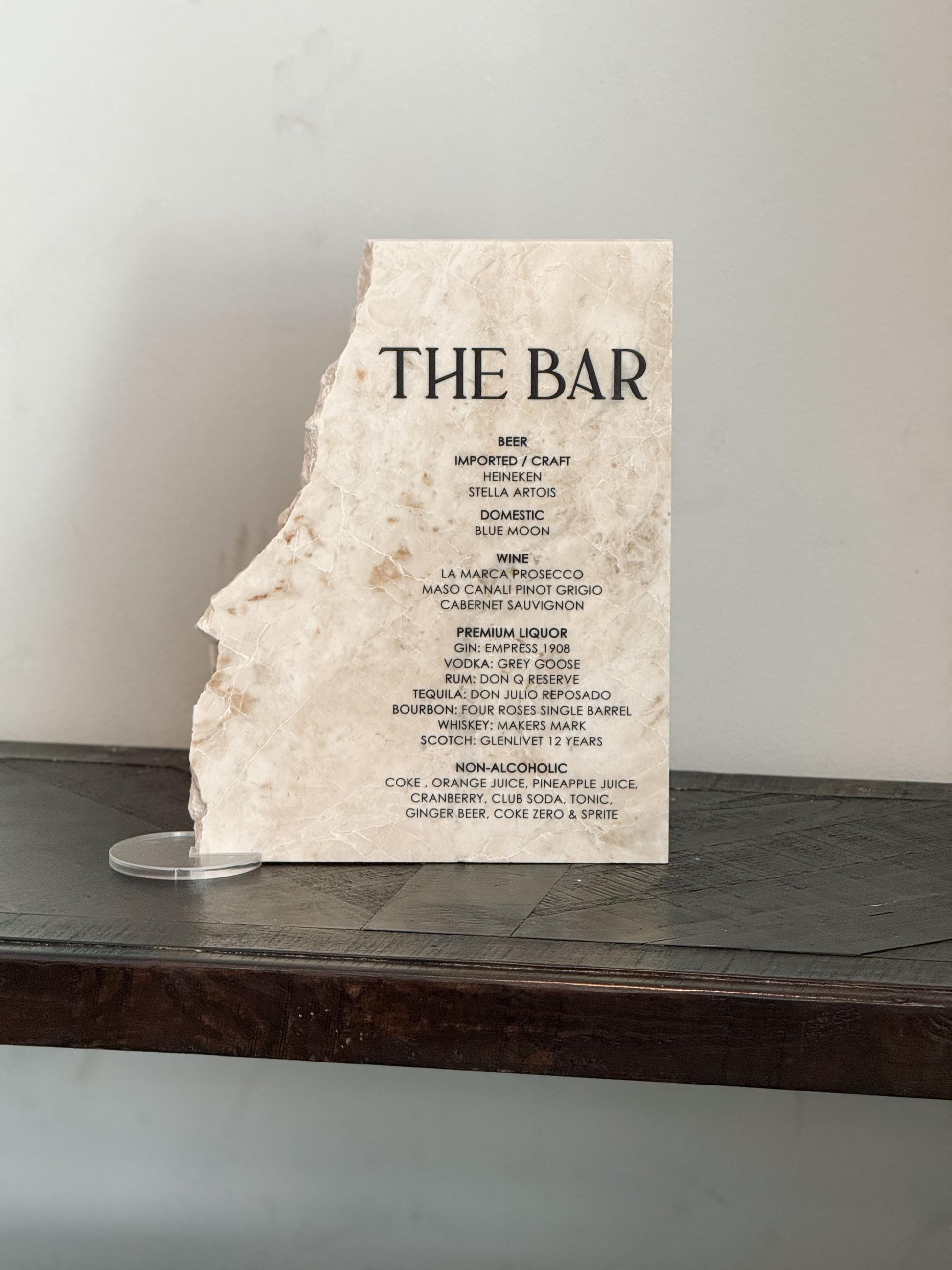 Luxury Marble Stone Bar Sign – Natural Edge Menu Sign | Wedding Bar Menu | Custom UV Print Drink | Real Marble Stone Decor by Luxe Lines