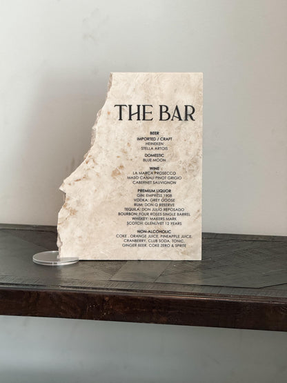 Luxury Marble Stone Bar Sign – Natural Edge Menu Sign | Wedding Bar Menu | Custom UV Print Drink | Real Marble Stone Decor by Luxe Lines