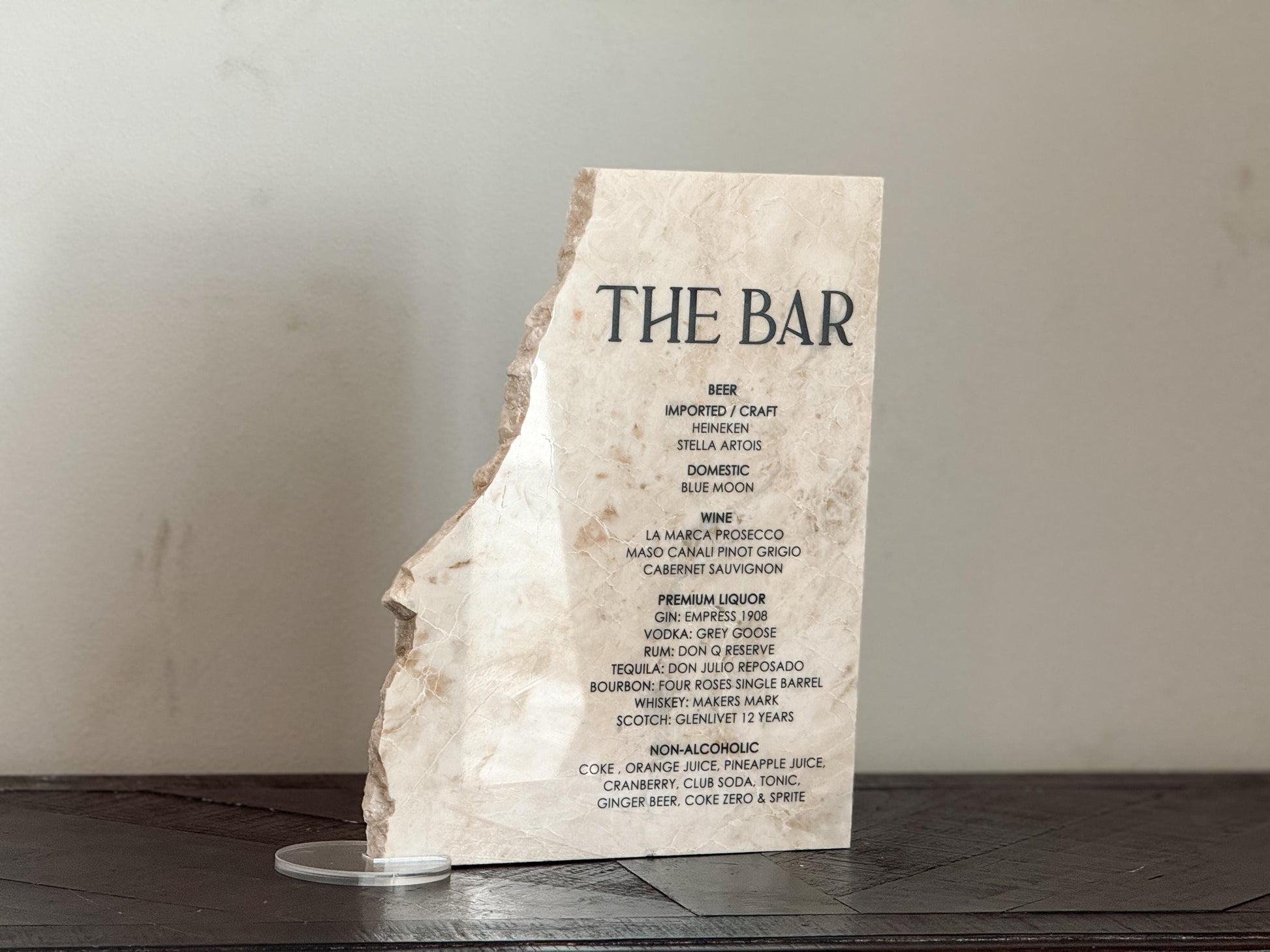 Luxury Marble Stone Bar Sign – Natural Edge Menu Sign | Wedding Bar Menu | Custom UV Print Drink | Real Marble Stone Decor by Luxe Lines
