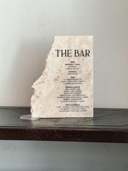 Luxury Marble Stone Bar Sign – Natural Edge Menu Sign | Wedding Bar Menu | Custom UV Print Drink | Real Marble Stone Decor by Luxe Lines