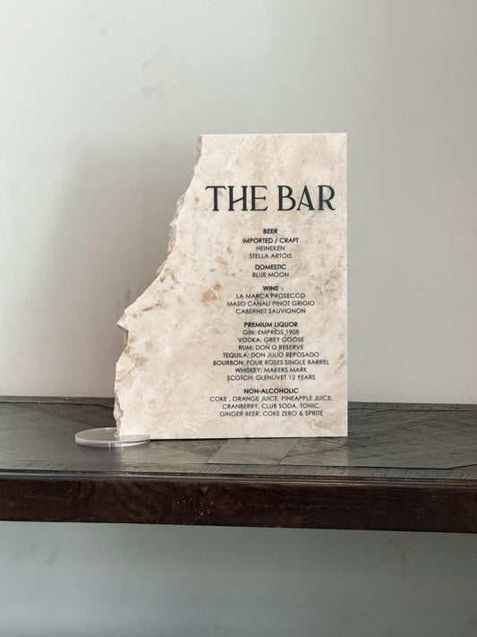 Luxury Marble Stone Bar Sign – Natural Edge Menu Sign | Wedding Bar Menu | Custom UV Print Drink | Real Marble Stone Decor by Luxe Lines