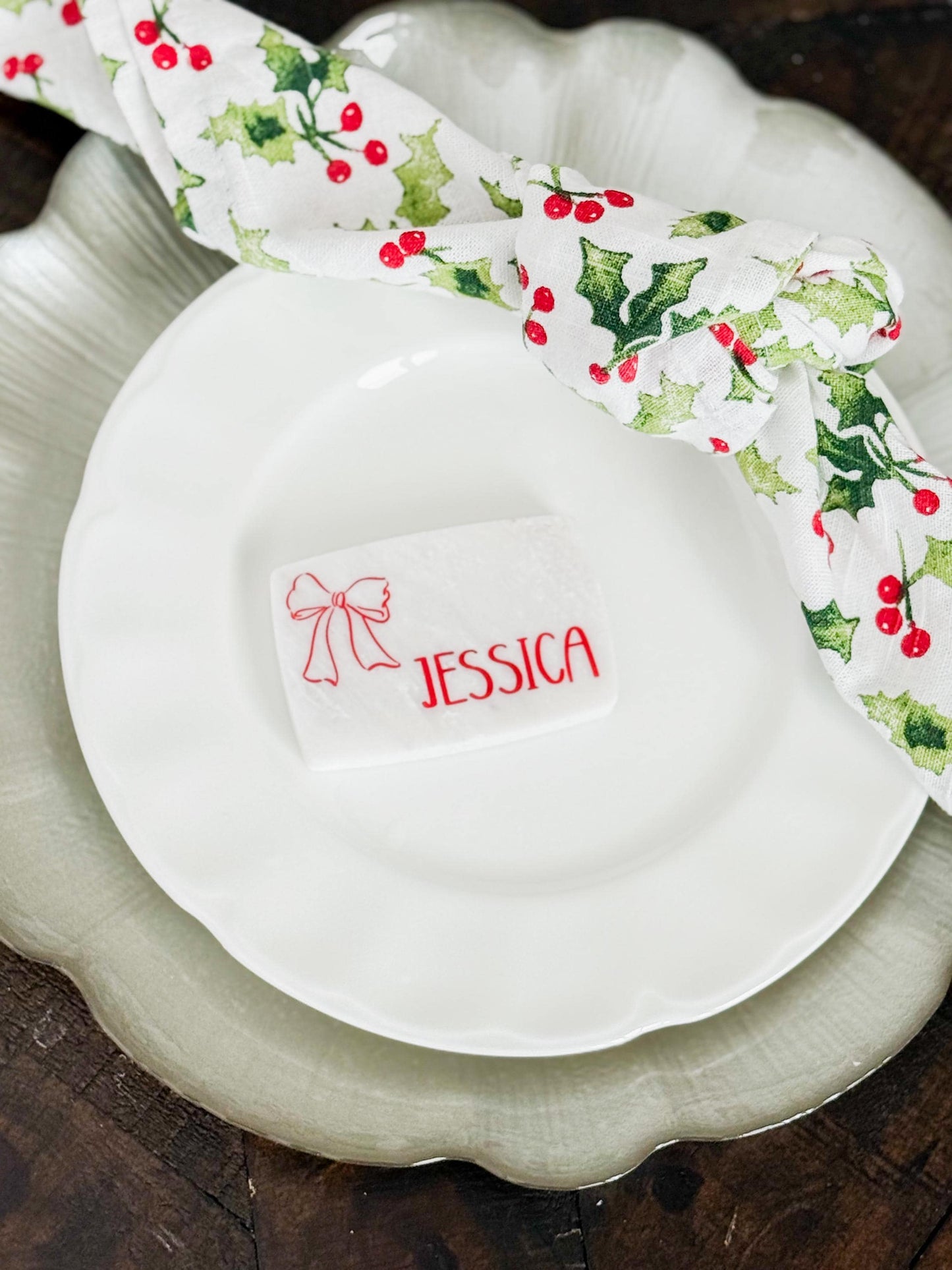 Custom Marble Christmas Place Cards – Personalized Name Tags – Elegant Holiday Table Setting – Luxe Lines Designs - Ribbon Bow