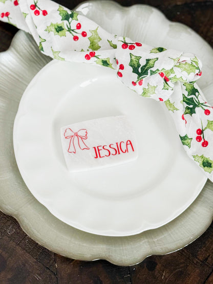 Custom Marble Christmas Place Cards – Personalized Name Tags – Elegant Holiday Table Setting – Luxe Lines Designs - Ribbon Bow