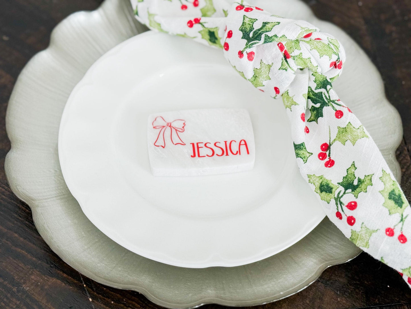 Custom Marble Christmas Place Cards – Personalized Name Tags – Elegant Holiday Table Setting – Luxe Lines Designs - Ribbon Bow