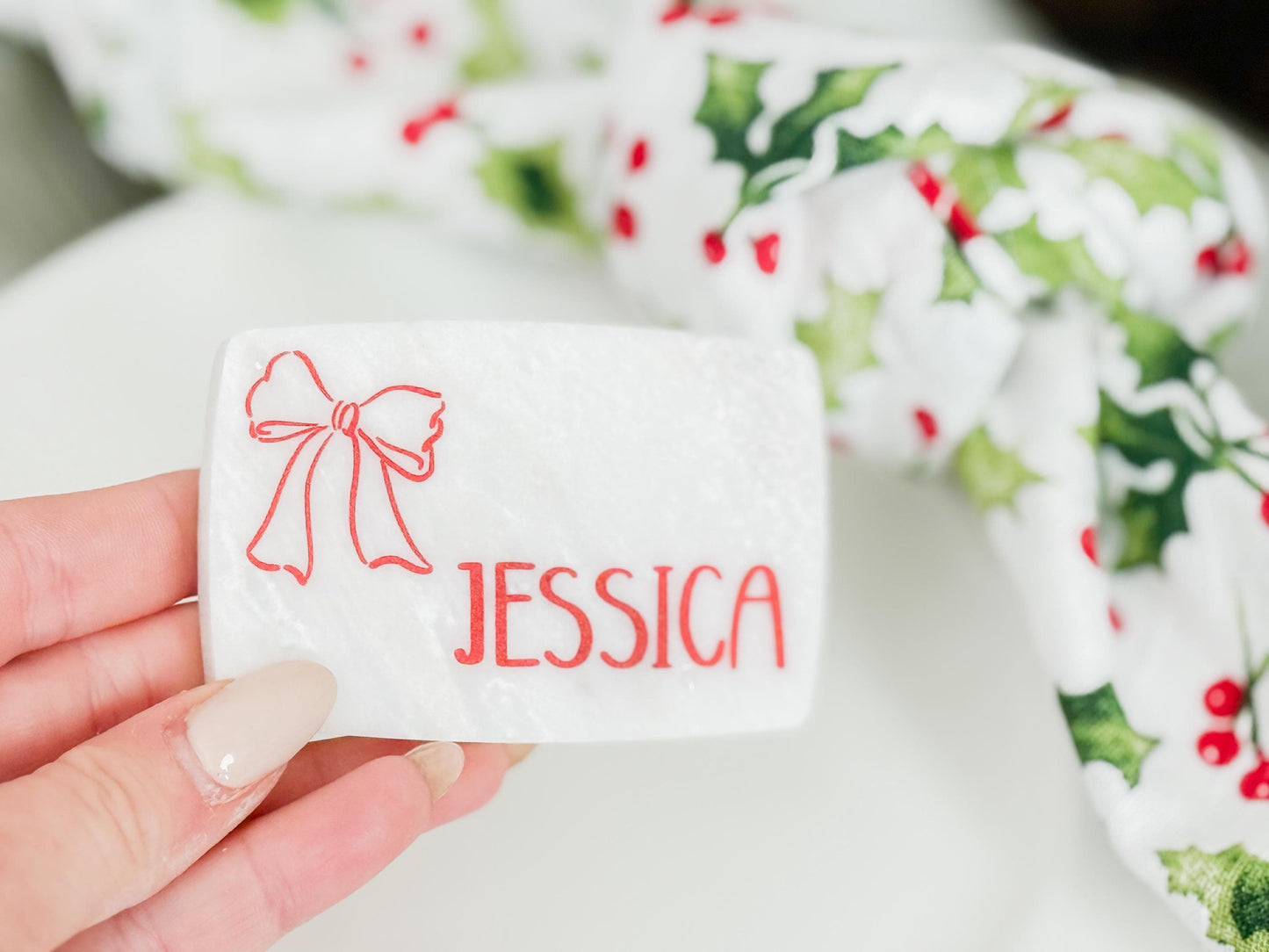 Custom Marble Christmas Place Cards – Personalized Name Tags – Elegant Holiday Table Setting – Luxe Lines Designs - Ribbon Bow
