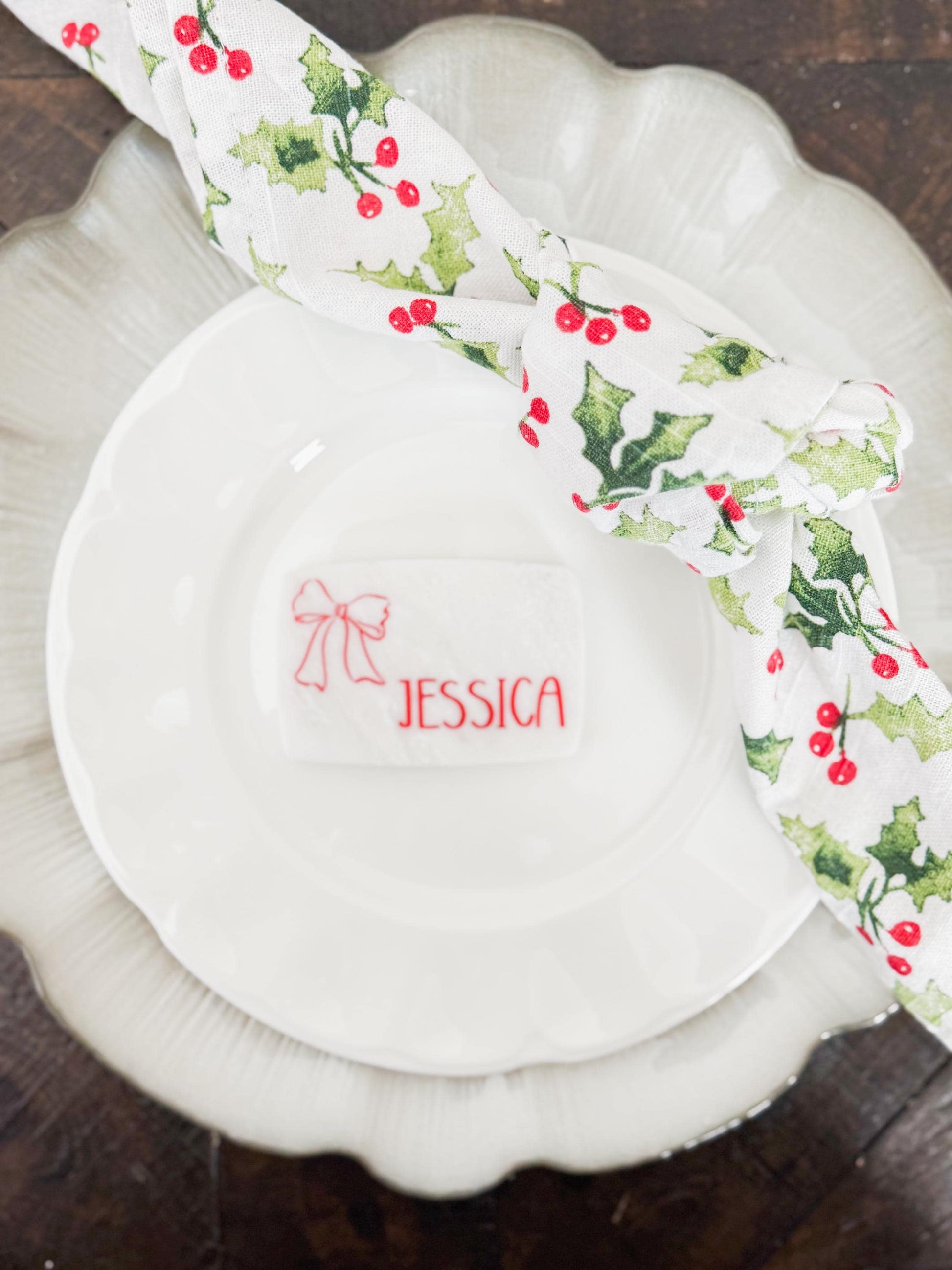 Custom Marble Christmas Place Cards – Personalized Name Tags – Elegant Holiday Table Setting – Luxe Lines Designs - Ribbon Bow