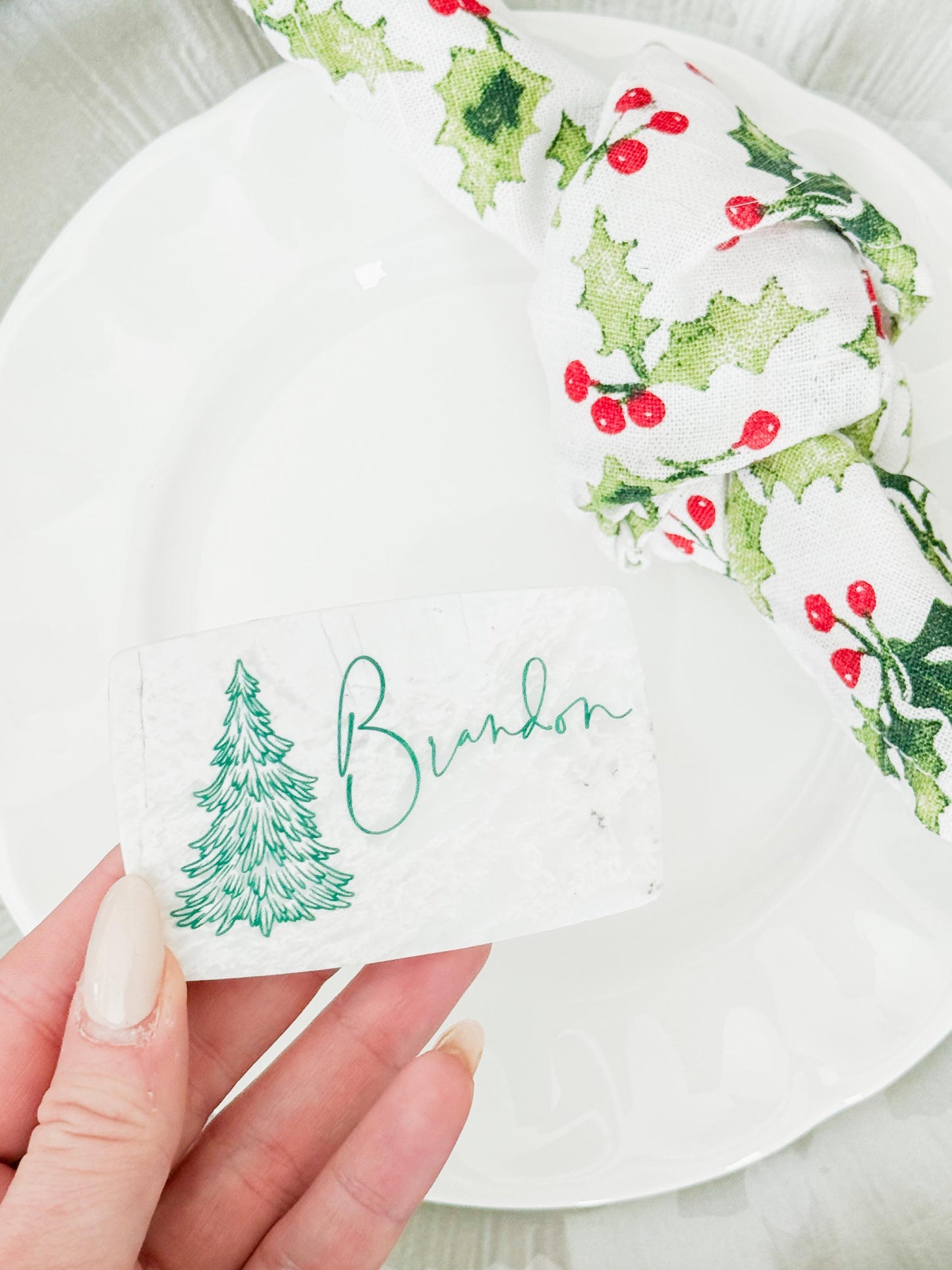 Custom Marble Christmas Place Cards – Personalized Name Tags – Elegant Holiday Table Setting – Luxe Lines Designs - Tree