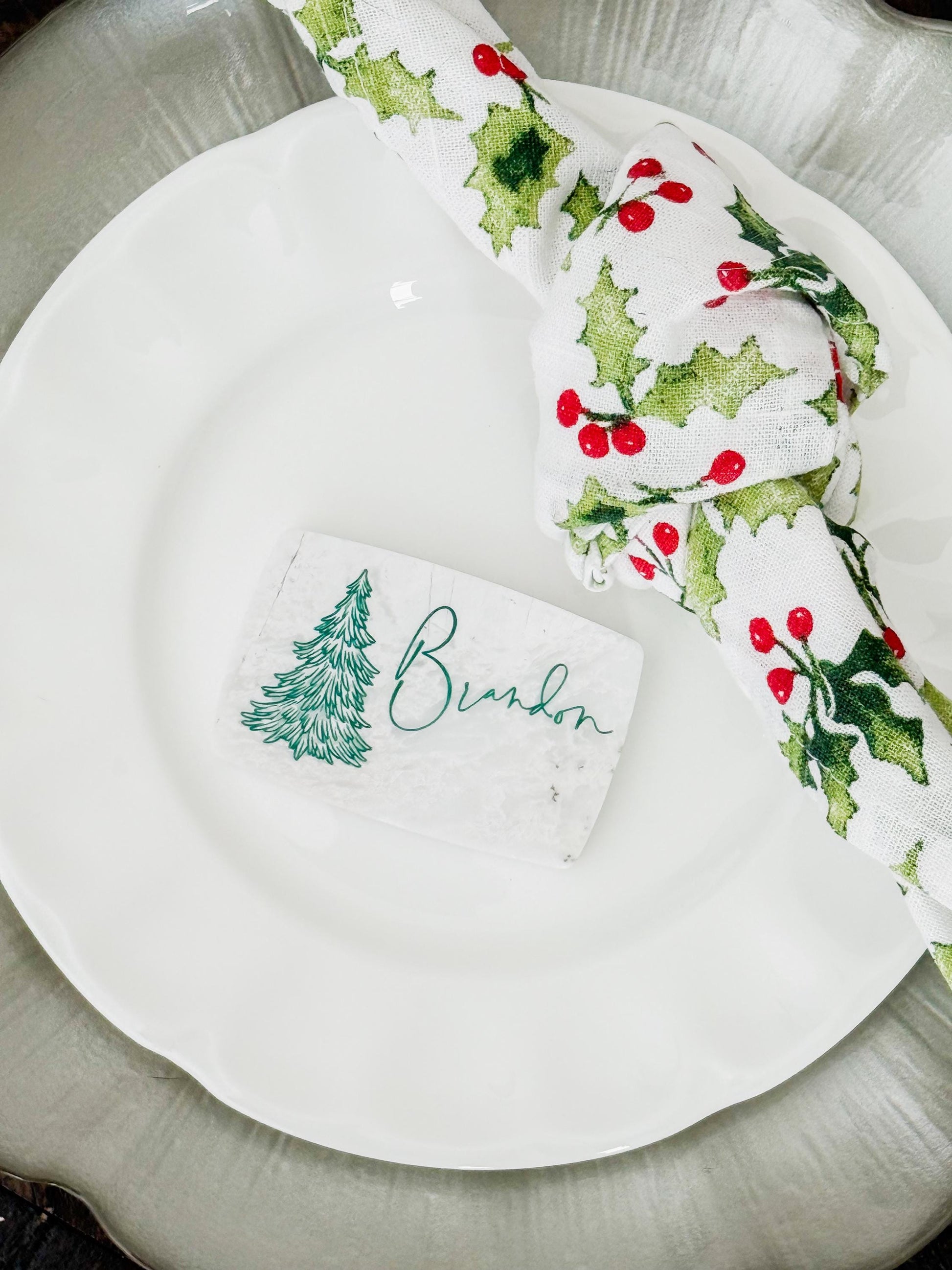 Custom Marble Christmas Place Cards – Personalized Name Tags – Elegant Holiday Table Setting – Luxe Lines Designs - Tree