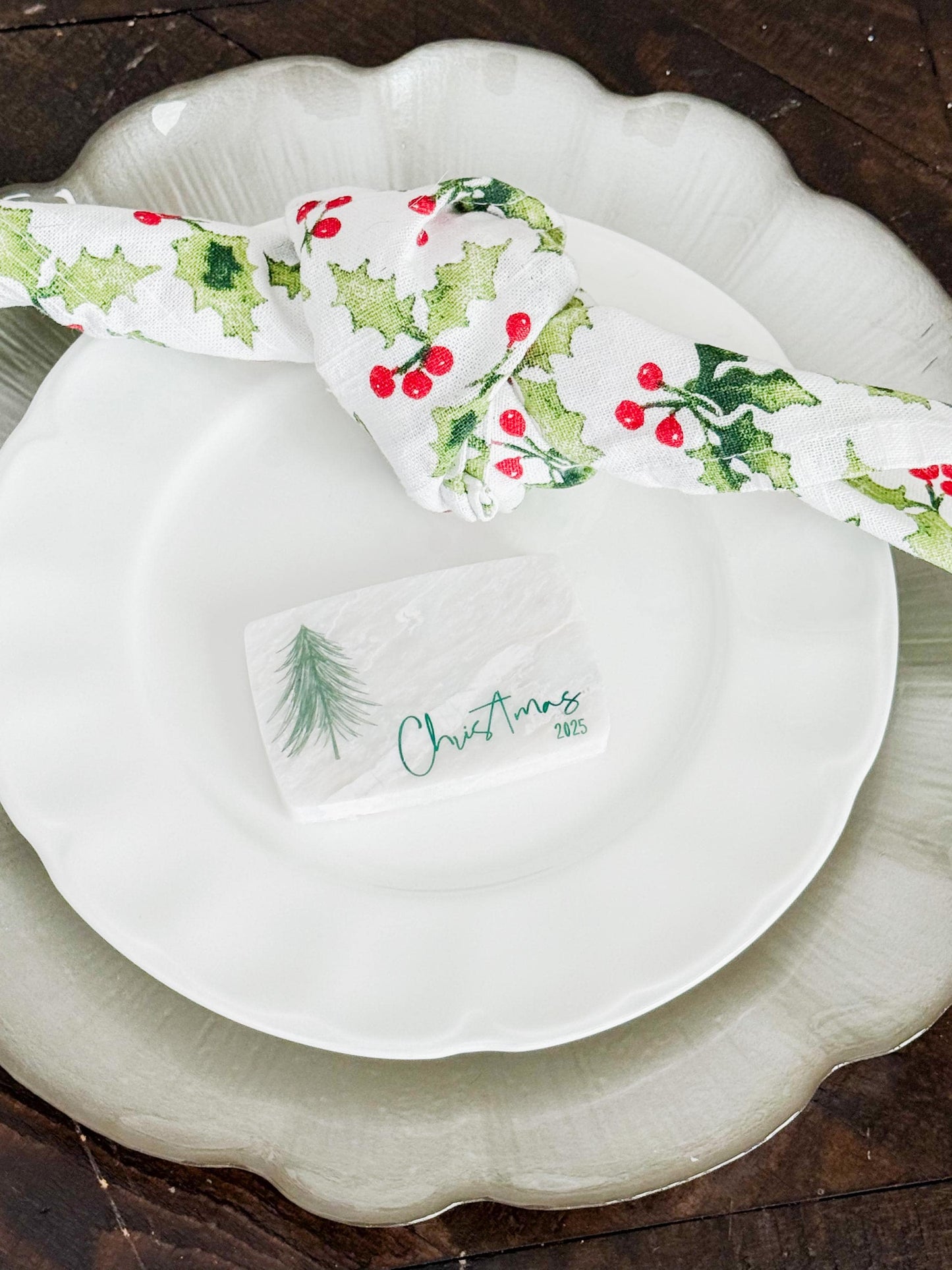 Custom Marble Christmas Place Cards – Personalized Name Tags – Elegant Holiday Table Setting – Luxe Lines Designs - Tree