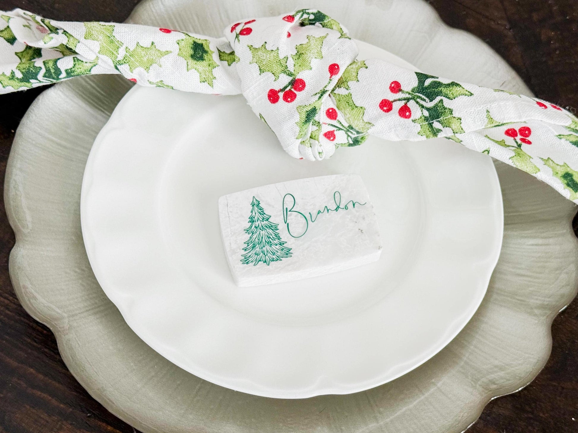 Custom Marble Christmas Place Cards – Personalized Name Tags – Elegant Holiday Table Setting – Luxe Lines Designs - Tree