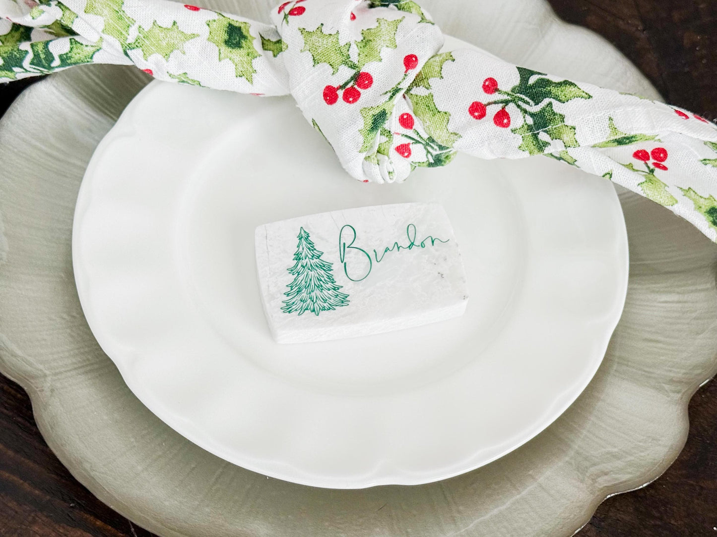 Custom Marble Christmas Place Cards – Personalized Name Tags – Elegant Holiday Table Setting – Luxe Lines Designs - Tree