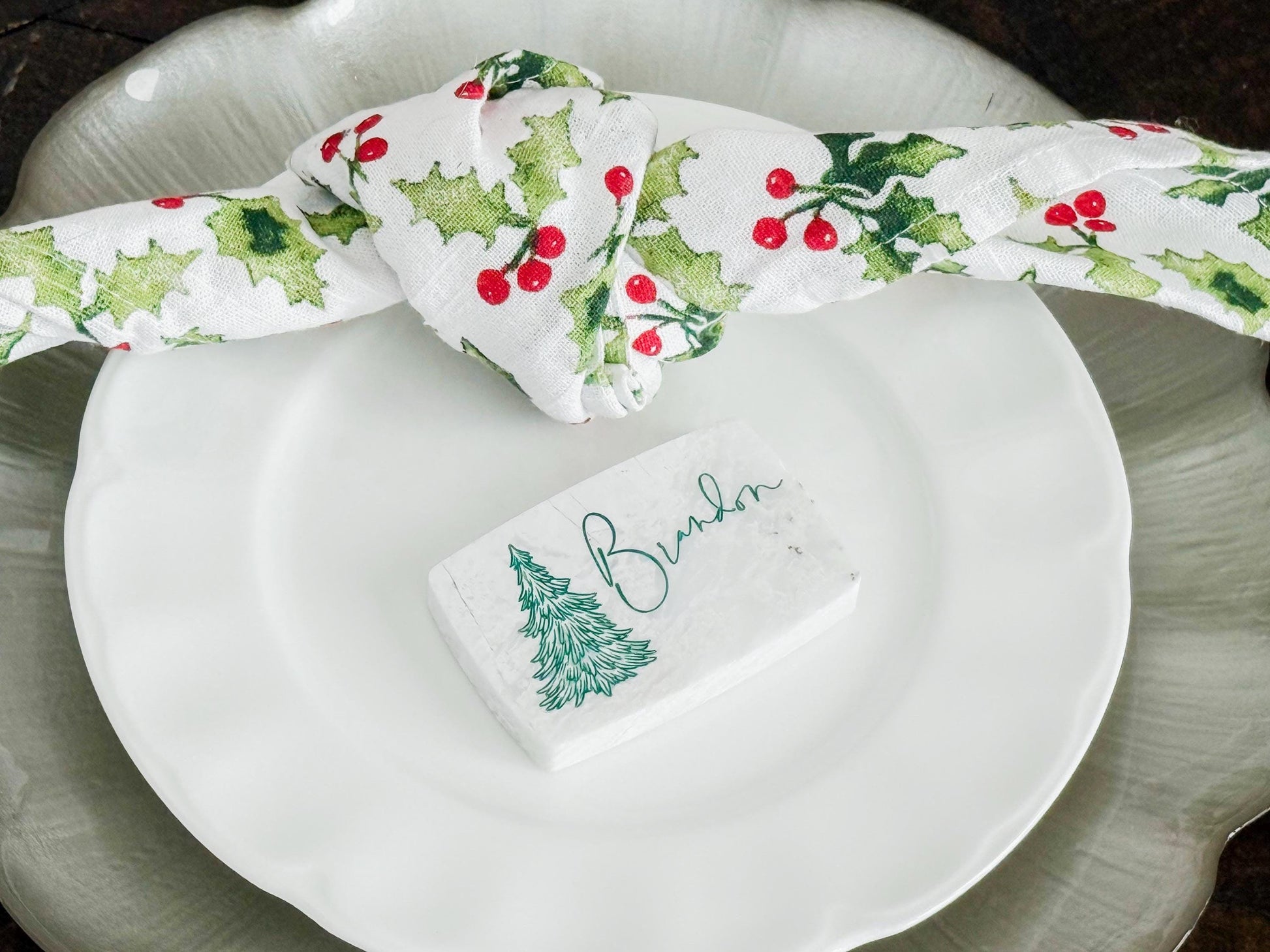 Custom Marble Christmas Place Cards – Personalized Name Tags – Elegant Holiday Table Setting – Luxe Lines Designs - Tree