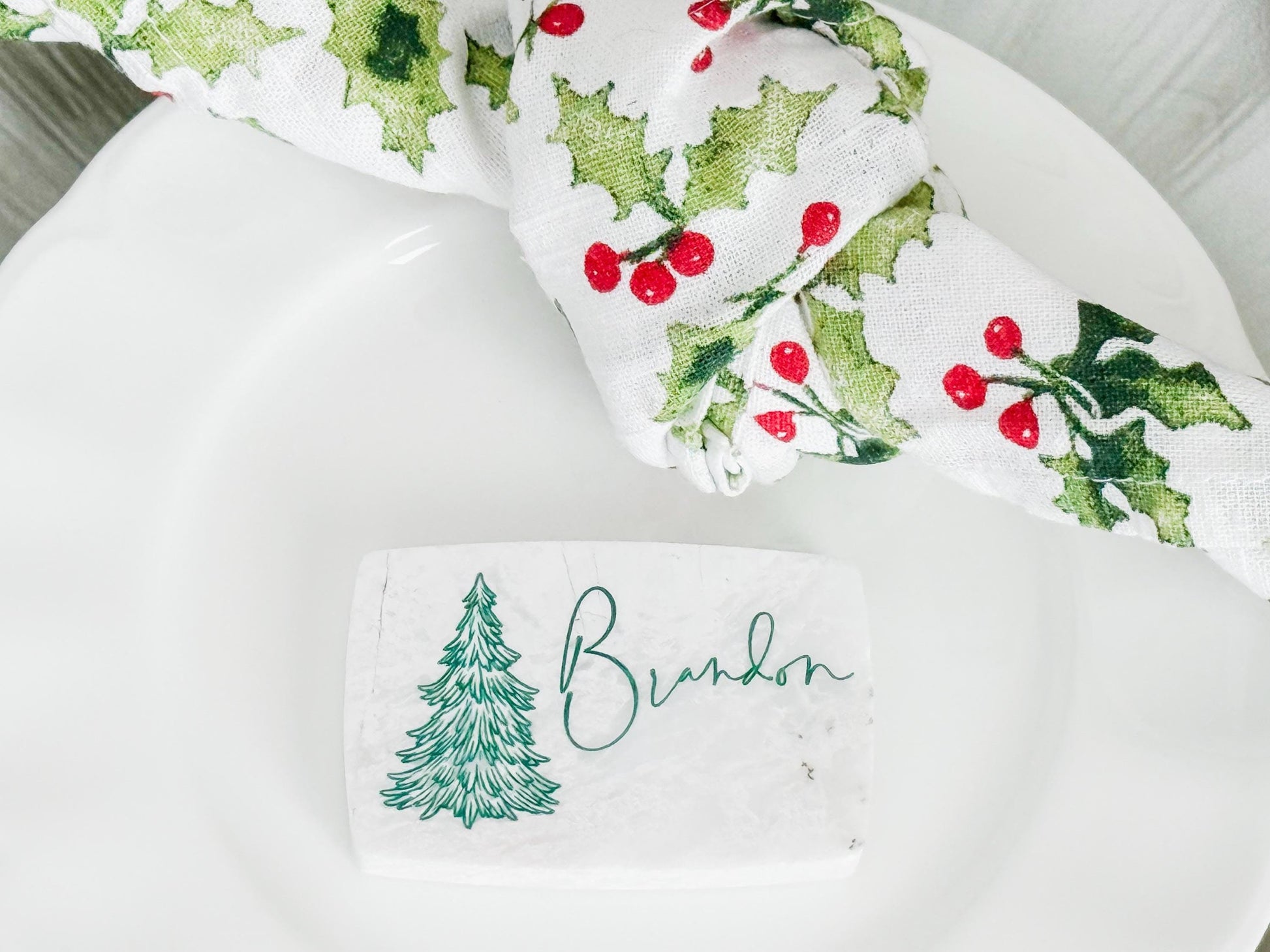 Custom Marble Christmas Place Cards – Personalized Name Tags – Elegant Holiday Table Setting – Luxe Lines Designs - Tree