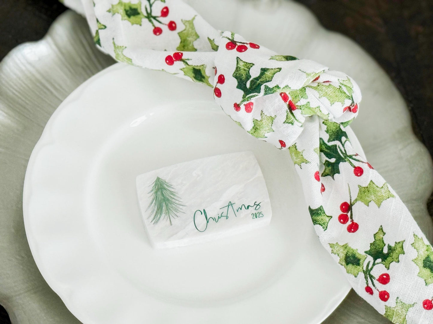 Custom Marble Christmas Place Cards – Personalized Name Tags – Elegant Holiday Table Setting – Luxe Lines Designs - Tree