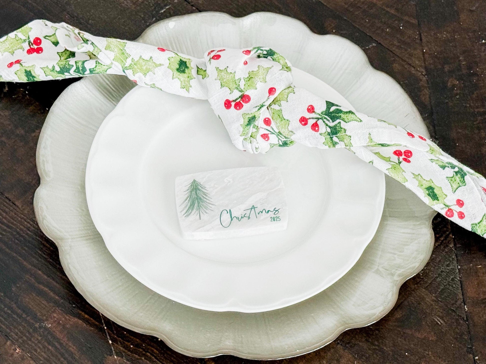 Custom Marble Christmas Place Cards – Personalized Name Tags – Elegant Holiday Table Setting – Luxe Lines Designs - Tree