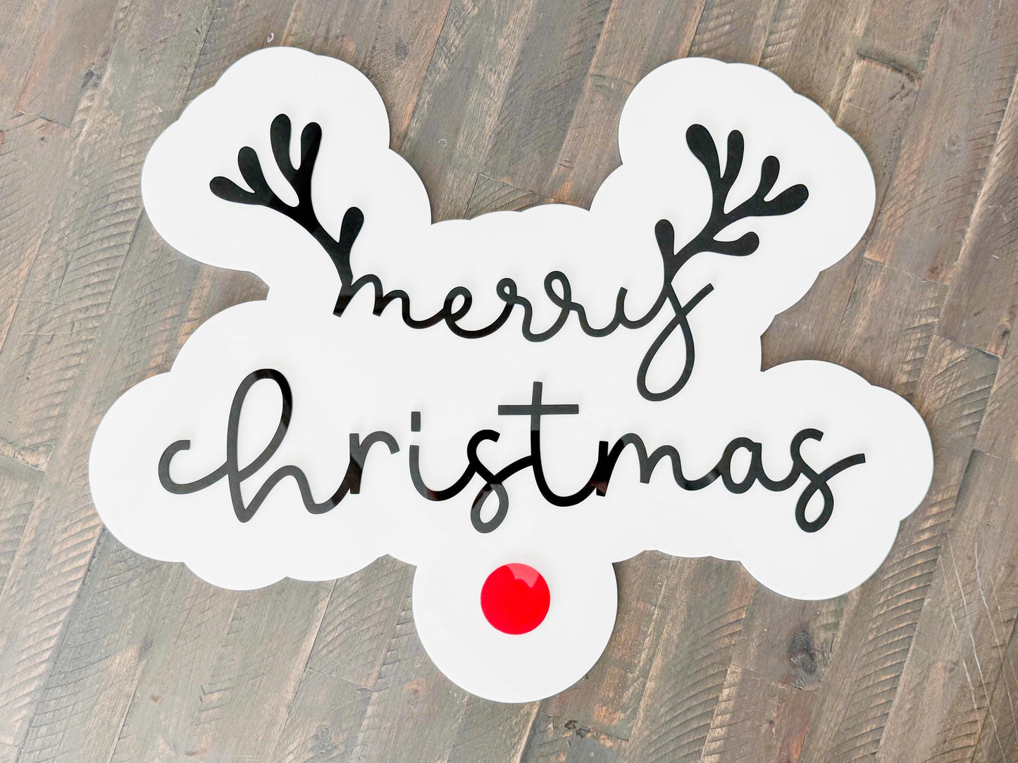 Acrylic “Merry Christmas” Sign – Holiday Decor – Red Nose Reindeer Christmas Sign – Luxe Holiday Wall Decor