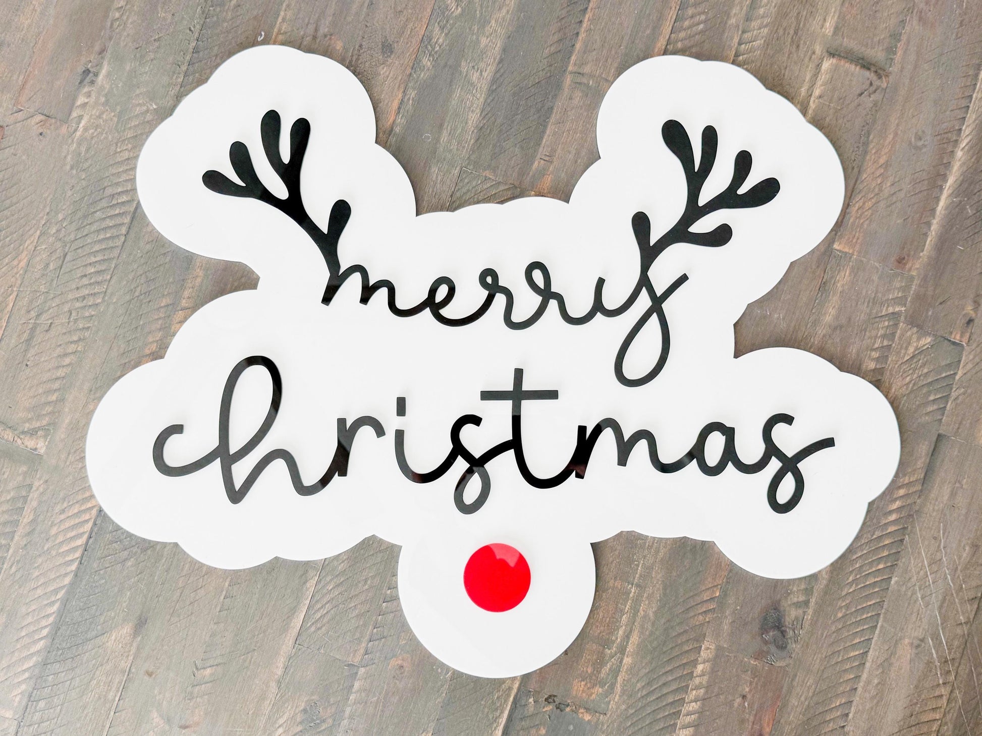 Acrylic “Merry Christmas” Sign – Holiday Decor – Red Nose Reindeer Christmas Sign – Luxe Holiday Wall Decor