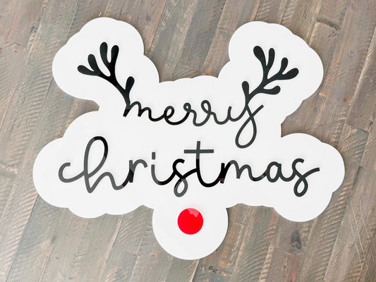 Acrylic “Merry Christmas” Sign – Holiday Decor – Red Nose Reindeer Christmas Sign – Luxe Holiday Wall Decor