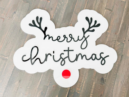 Acrylic “Merry Christmas” Sign – Holiday Decor – Red Nose Reindeer Christmas Sign – Luxe Holiday Wall Decor