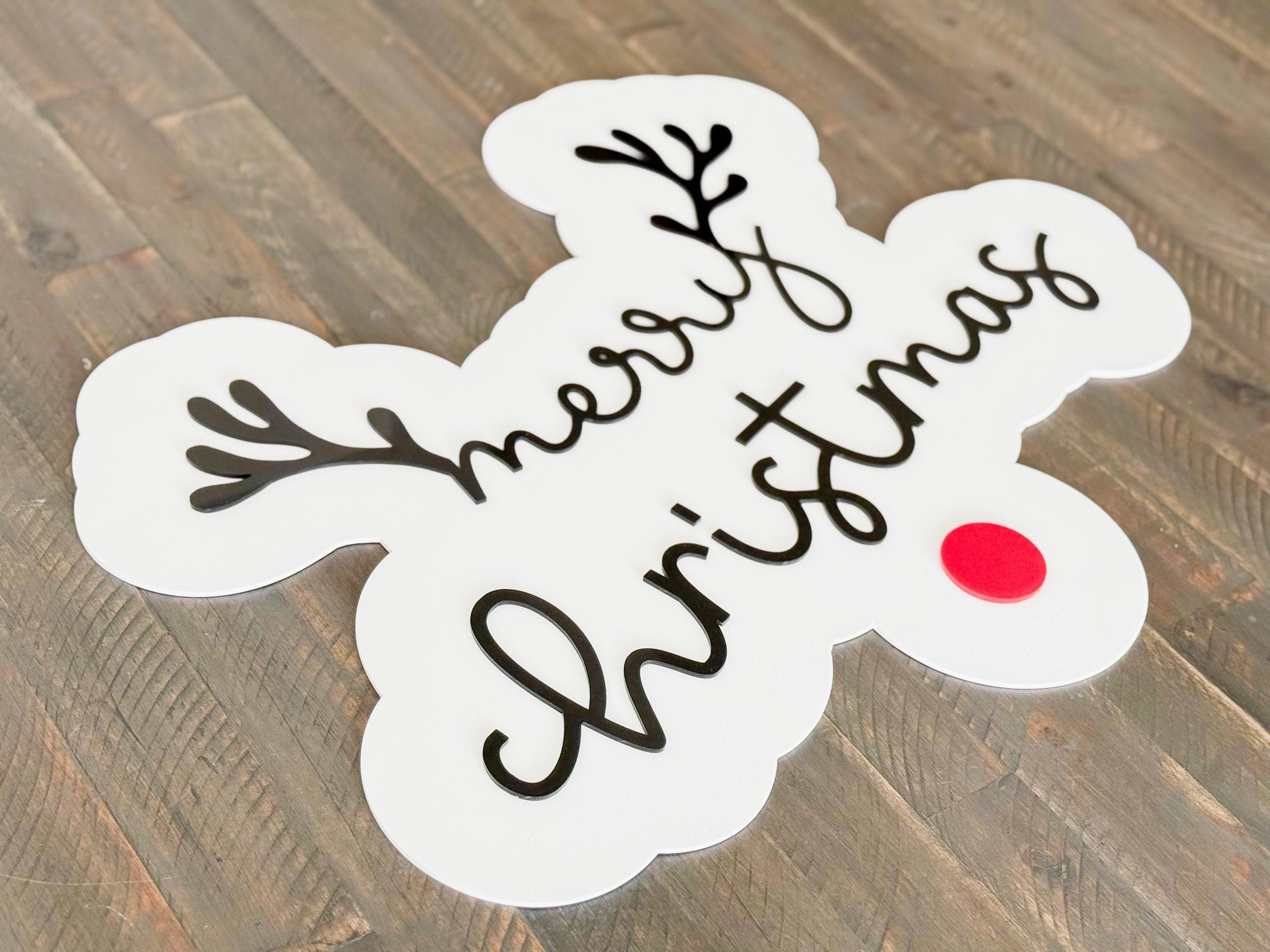 Acrylic “Merry Christmas” Sign – Holiday Decor – Red Nose Reindeer Christmas Sign – Luxe Holiday Wall Decor