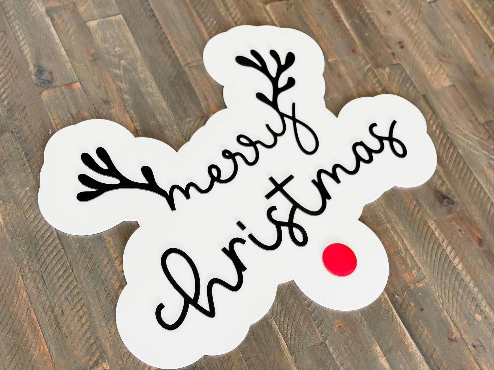 Acrylic “Merry Christmas” Sign – Holiday Decor – Red Nose Reindeer Christmas Sign – Luxe Holiday Wall Decor