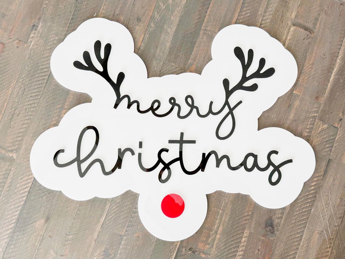 Acrylic “Merry Christmas” Sign – Holiday Decor – Red Nose Reindeer Christmas Sign – Luxe Holiday Wall Decor