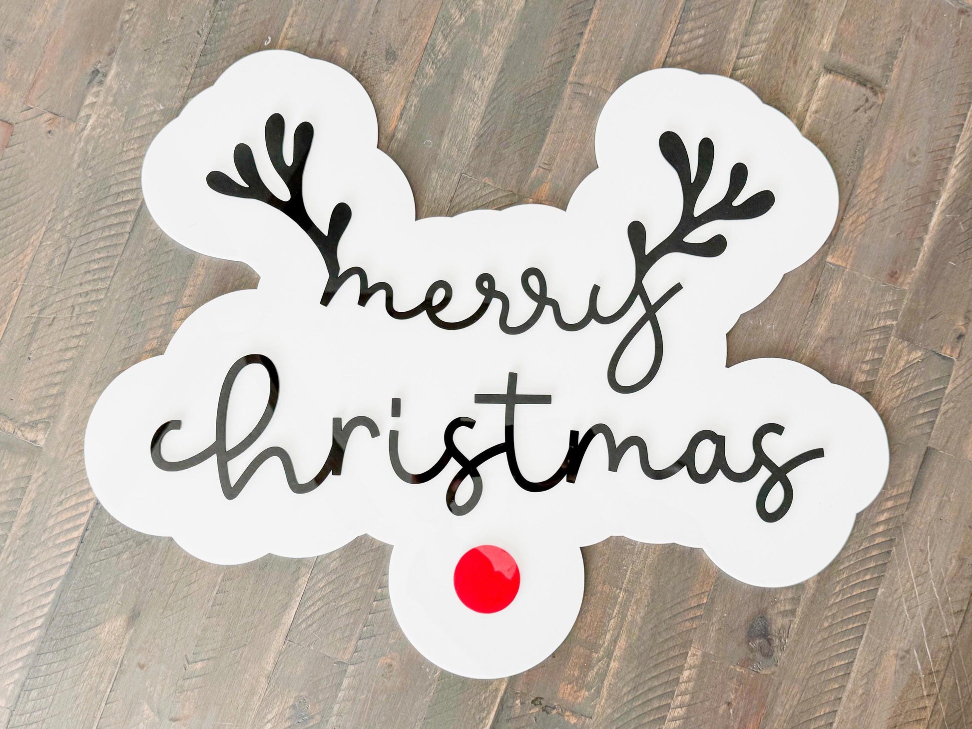 Acrylic “Merry Christmas” Sign – Holiday Decor – Red Nose Reindeer Christmas Sign – Luxe Holiday Wall Decor