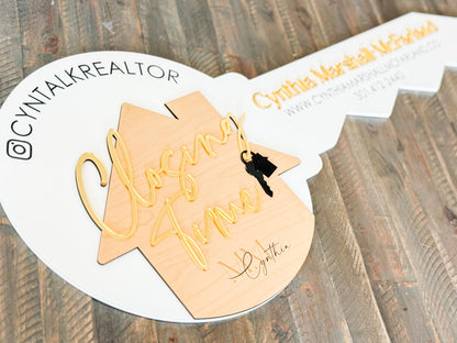 Personalized Realtor Key with Logo | Closing Time Realty | House Sold Acrylic and Wood Sign | Closing Prop | Realtor Gift Sold Sign