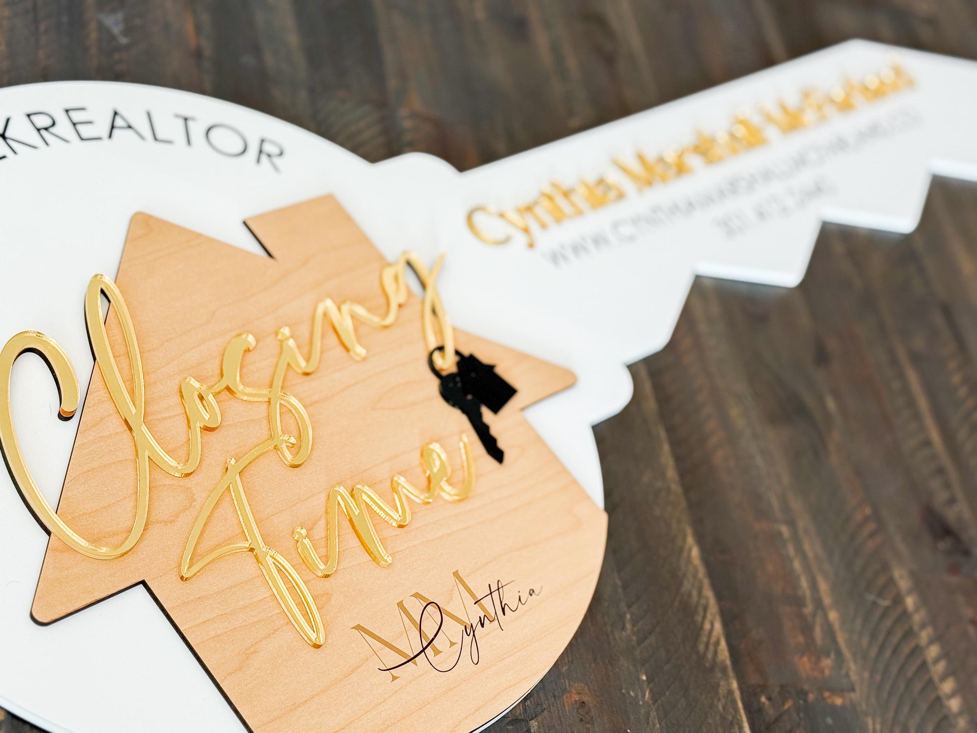 Personalized Realtor Key with Logo | Closing Time Realty | House Sold Acrylic and Wood Sign | Closing Prop | Realtor Gift Sold Sign