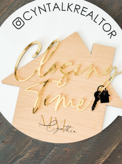 Personalized Realtor Key with Logo | Closing Time Realty | House Sold Acrylic and Wood Sign | Closing Prop | Realtor Gift Sold Sign