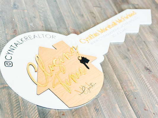 Personalized Realtor Key with Logo | Closing Time Realty | House Sold Acrylic and Wood Sign | Closing Prop | Realtor Gift Sold Sign