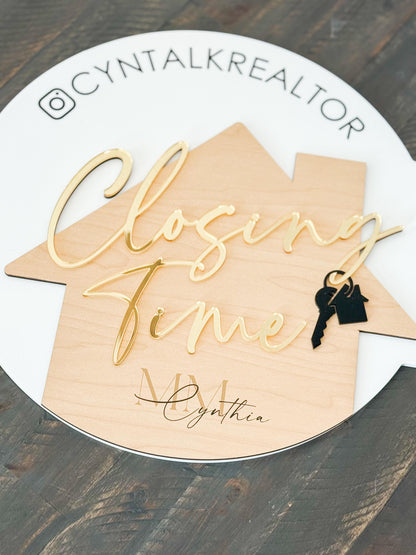 Personalized Realtor Key with Logo | Closing Time Realty | House Sold Acrylic and Wood Sign | Closing Prop | Realtor Gift Sold Sign