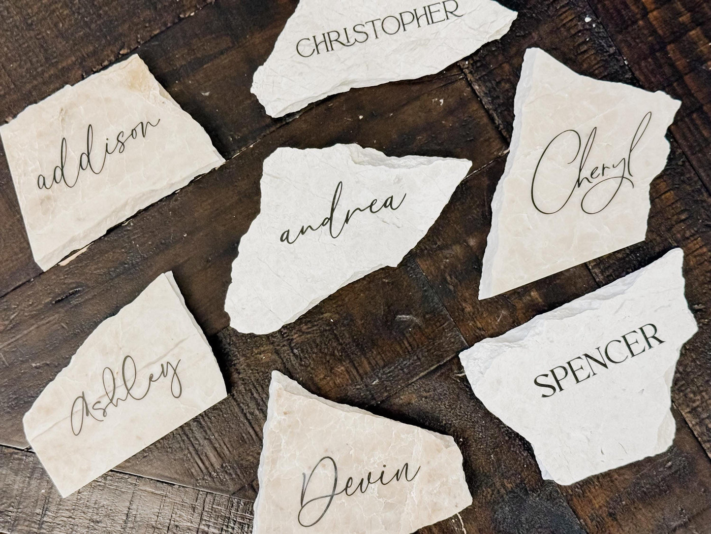 Tauple Marble Stone Place Card | Acrylic Wedding Place Name | Travertine Looking