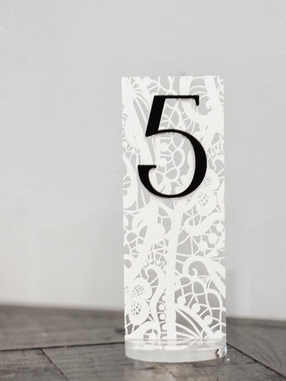 Frosted Acrylic Wedding Table Numbers with Lace Design | 3D Black Gold Acrylic Numbers | Elegant Modern Reception Decor