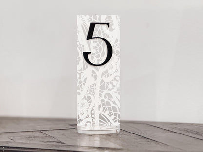 Frosted Acrylic Wedding Table Numbers with Lace Design | 3D Black Gold Acrylic Numbers | Elegant Modern Reception Decor