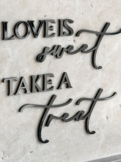 Marble 3D Love Is Sweet Take a Treat Sign | Wedding Dessert Table Sign | Modern Wedding Decor | Favor Sign | Gold Mirror Acrylic