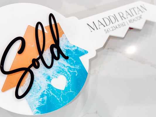 Personalized Ocean Realtor Key with Heart | Closing Realty | House Sold Acrylic and Wood Sign | Closing Prop | Shoreline Wave Gift