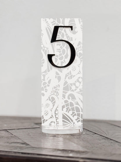 Frosted Acrylic Wedding Table Numbers with Lace Design | 3D Black Gold Acrylic Numbers | Elegant Modern Reception Decor