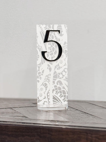 Frosted Acrylic Wedding Table Numbers with Lace Design | 3D Black Gold Acrylic Numbers | Elegant Modern Reception Decor